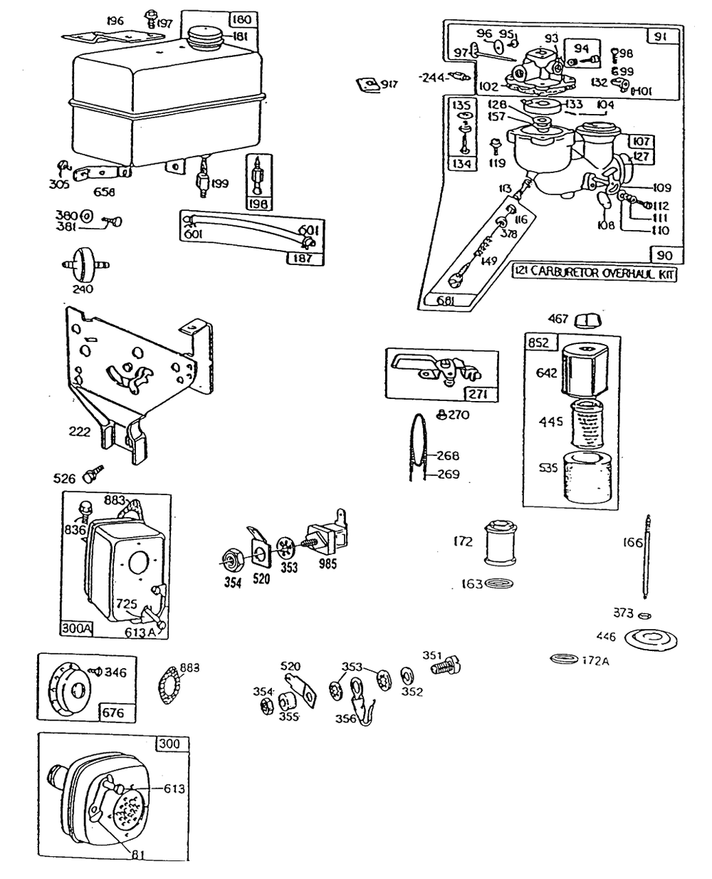 Carburetor,fueltank,mufflers Diagram and Parts List for 130732-5005-XX  Briggs and Stratton Engine